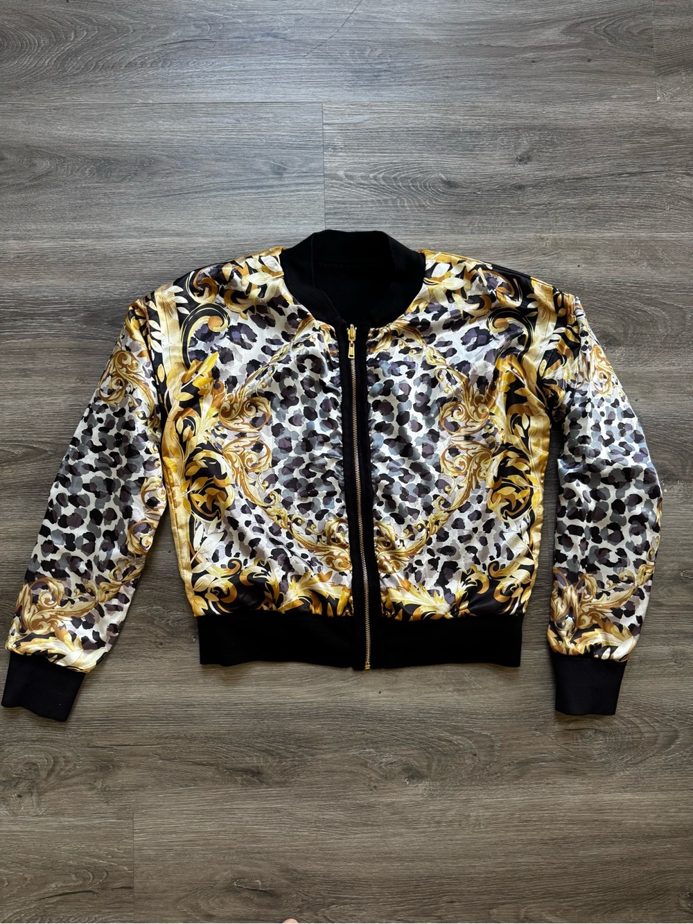 Guess Dulcibella Bomber Jacket Satin Baroque Reversible Black Gold Leopard XS